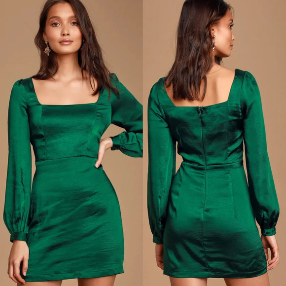 Lulus Got The Love Emerald Green Satin Square-Neck Mini Dress S Wedding Party - Picture 1 of 9